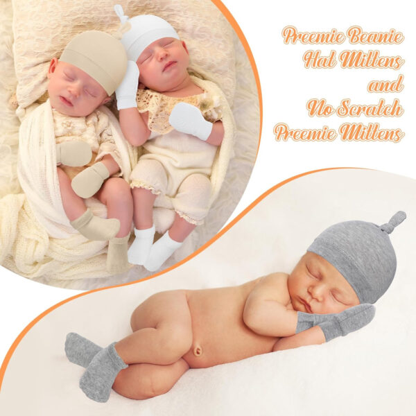 Ramede 4 Pack Preemie Hats Mitten and Socks Set Cotton Preemie Cap No Scratch Mittens Warm Terry Socks for Girls Boys