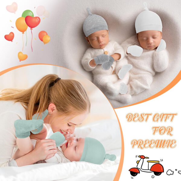 Ramede 4 Pack Preemie Hats Mitten and Socks Set Cotton Preemie Cap No Scratch Mittens Warm Terry Socks for Girls Boys