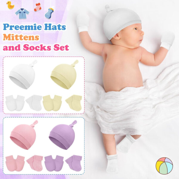Ramede 4 Pack Preemie Hats Mitten and Socks Set Cotton Preemie Cap No Scratch Mittens Warm Terry Socks for Girls Boys