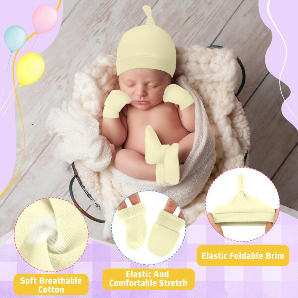 Ramede 4 Pack Preemie Hats Mitten and Socks Set Cotton Preemie Cap No Scratch Mittens Warm Terry Socks for Girls Boys