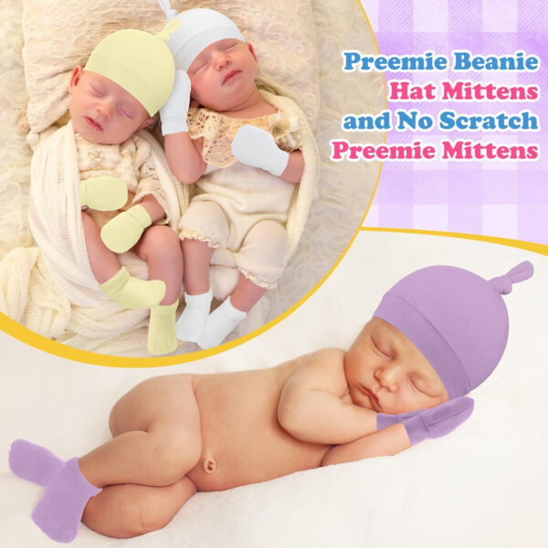 Ramede 4 Pack Preemie Hats Mitten and Socks Set Cotton Preemie Cap No Scratch Mittens Warm Terry Socks for Girls Boys