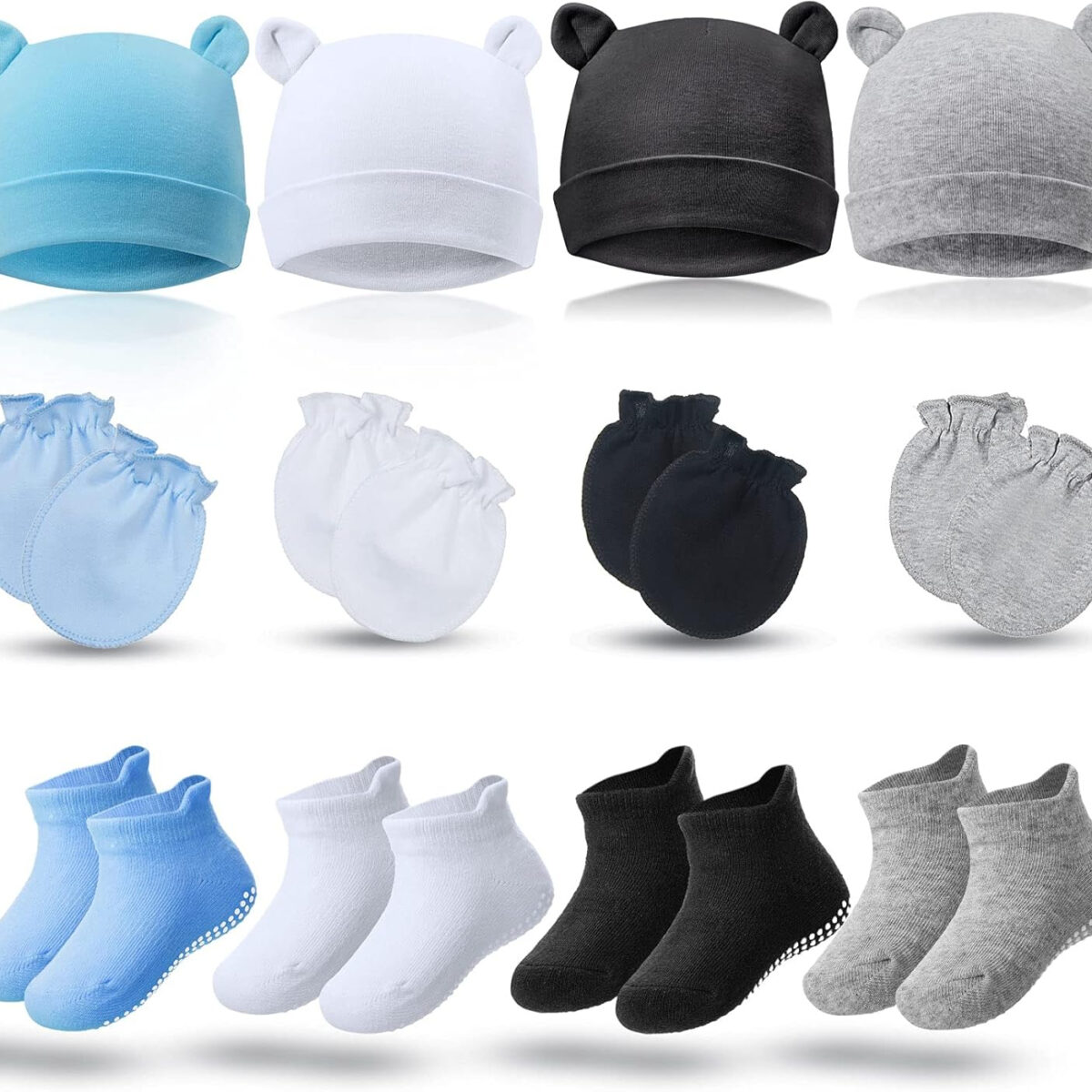 688aebac11bbda9df50456768b142e3e5552aa42429cf8a4e193f.jpg 4 Sets Newborn Baby Hat and Mittens Toddler Beanie Cap Non Slip Socks for 0-6 Months