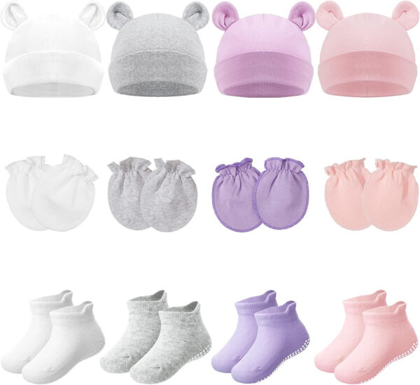 4 Sets Newborn Baby Hat and Mittens Toddler Beanie Cap Non Slip Socks for 0-6 Months