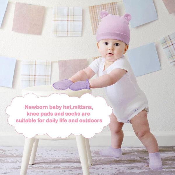 4 Sets Newborn Baby Hat and Mittens Toddler Beanie Cap Non Slip Socks for 0-6 Months