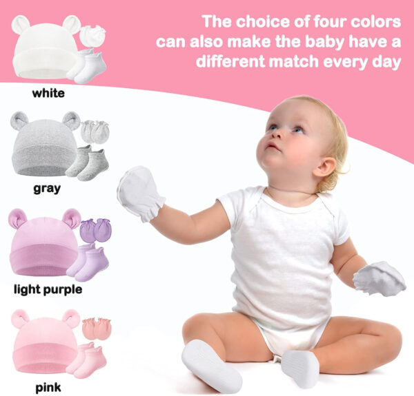 4 Sets Newborn Baby Hat and Mittens Toddler Beanie Cap Non Slip Socks for 0-6 Months