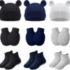Geyoga 9 Pieces Newborn Baby Hat Mittens Sock Set Bear Ears Hat Mittens No Scratch Gloves for 0-12 Months Boy Girl