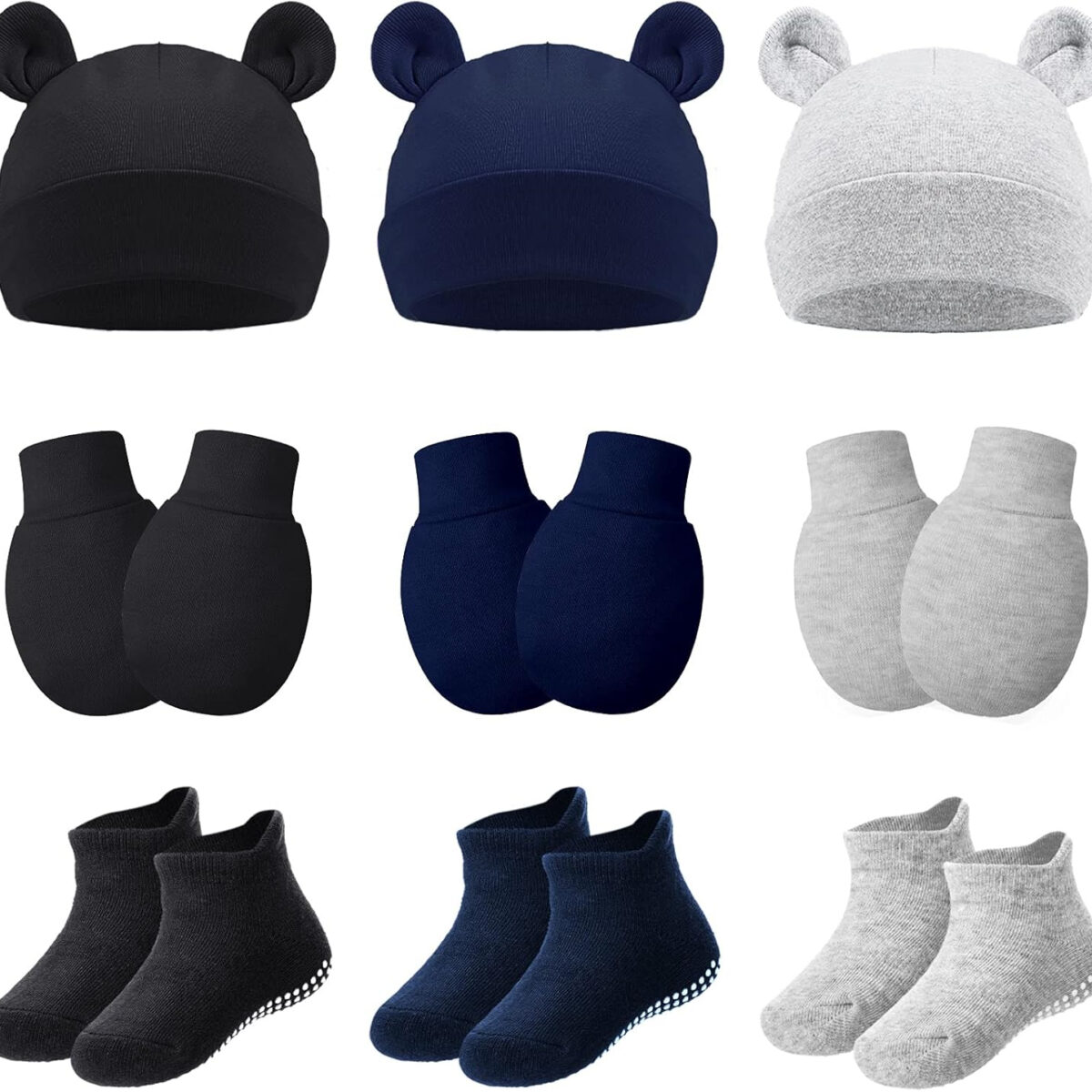 688aebd780a030cf47ca803385bbd1f973e37bc5e8071825df504.jpg Geyoga 9 Pieces Newborn Baby Hat Mittens Sock Set Bear Ears Hat Mittens No Scratch Gloves for 0-12 Months Boy Girl
