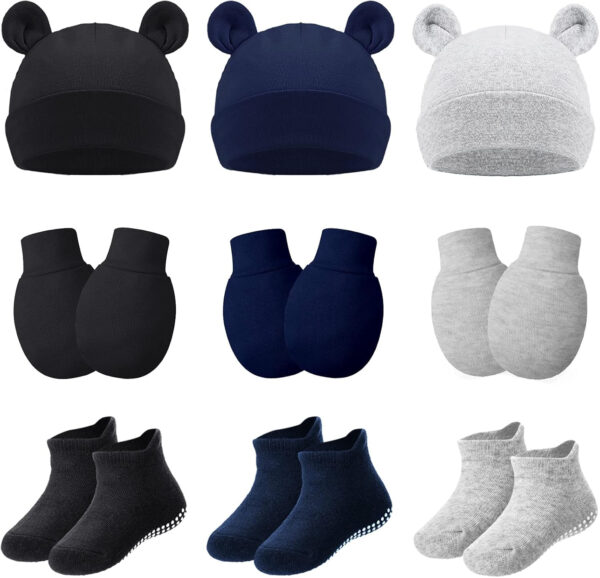 Geyoga 9 Pieces Newborn Baby Hat Mittens Sock Set Bear Ears Hat Mittens No Scratch Gloves for 0-12 Months Boy Girl