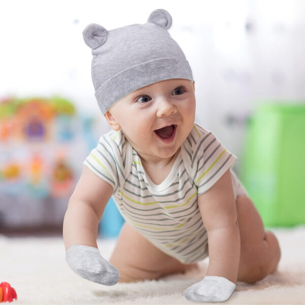 Geyoga 9 Pieces Newborn Baby Hat Mittens Sock Set Bear Ears Hat Mittens No Scratch Gloves for 0-12 Months Boy Girl