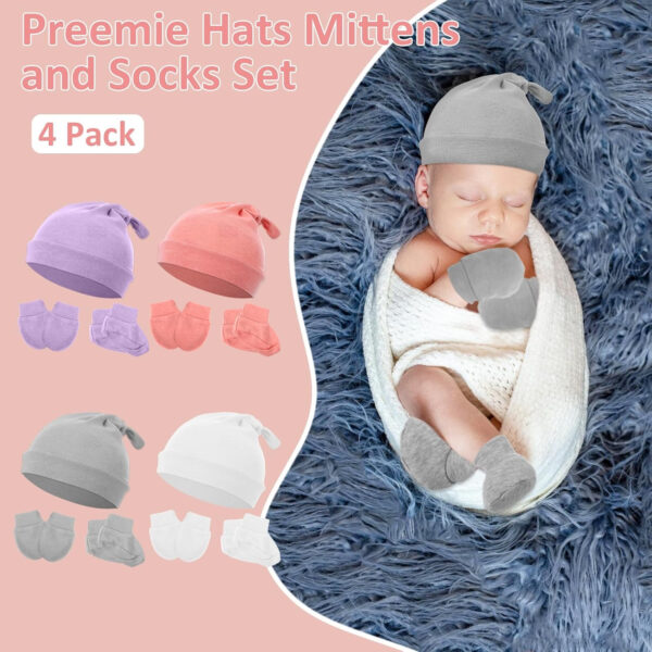 4pcs Preemie Baby Hats and Mittens Set, Socks Mittens for Newborn Baby Girls Boys, Newborn Mitten No Scratch Cotton Gloves Caps for 0-6 Months Beanies Infant Hats Hospital Warm Premature Clothes