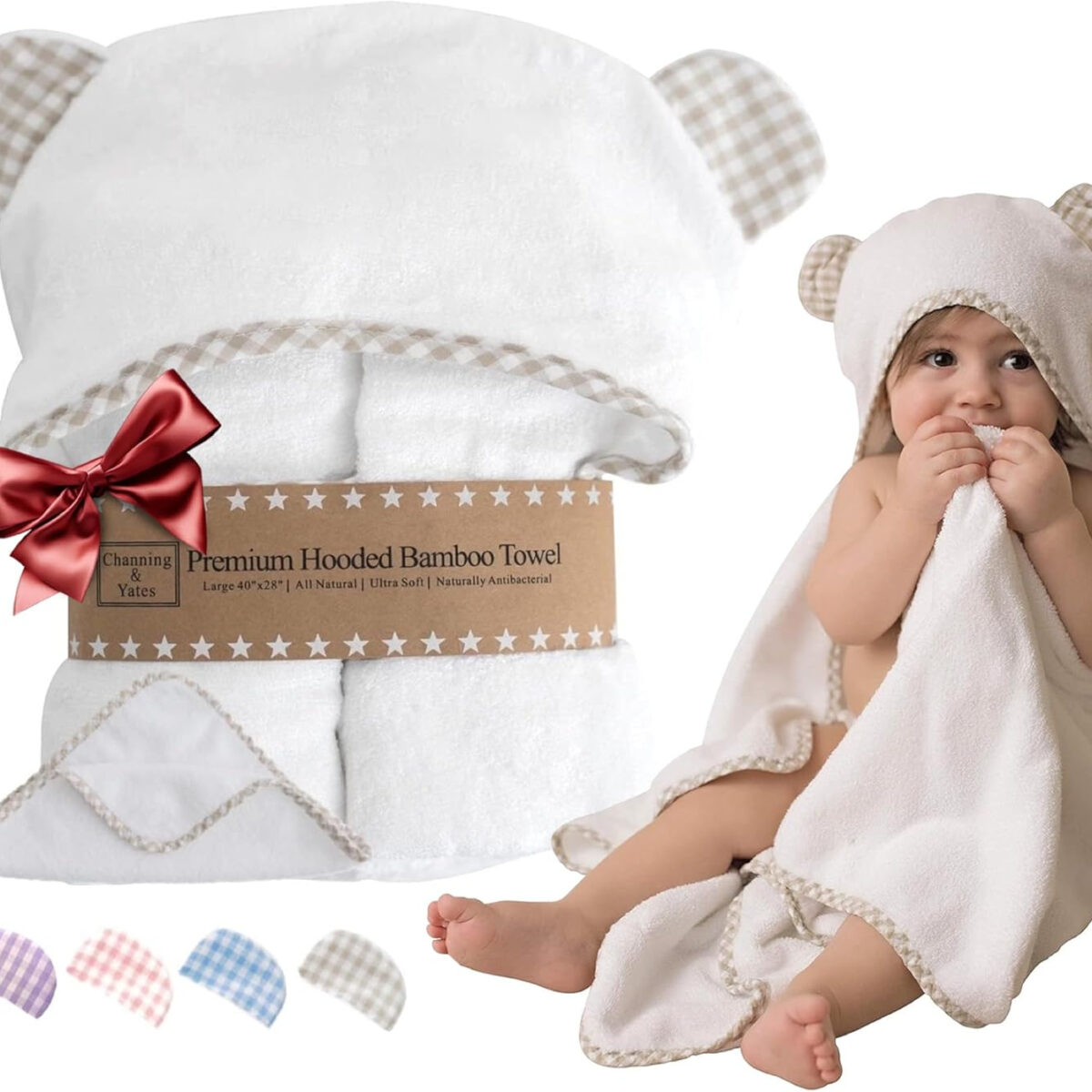 688af10652ef830de24416c8cc3dd08146f258537a49611003620.jpg Channing & Yates Premium Organic Baby Towel Set - Soft Viscose Bamboo Hooded Towel & Washcloth - Girl & Boy Bath Essentials (Beige/White)