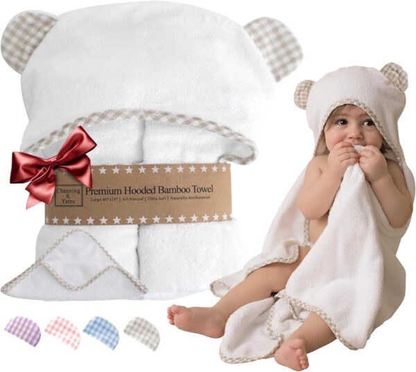 688af10652ef830de24416c8cc3dd08146f258537a49611003620.jpg Channing & Yates Premium Organic Baby Towel Set - Soft Viscose Bamboo Hooded Towel & Washcloth - Girl & Boy Bath Essentials (Beige/White)