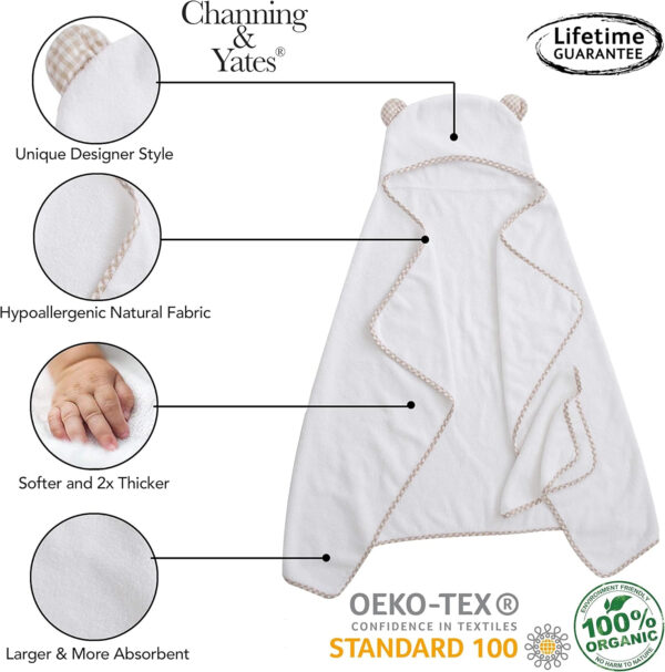 688af107f30682012757aa909df0839b396bf2dab619f048c59a4.jpg Channing & Yates Premium Organic Baby Towel Set - Soft Viscose Bamboo Hooded Towel & Washcloth - Girl & Boy Bath Essentials (Beige/White)