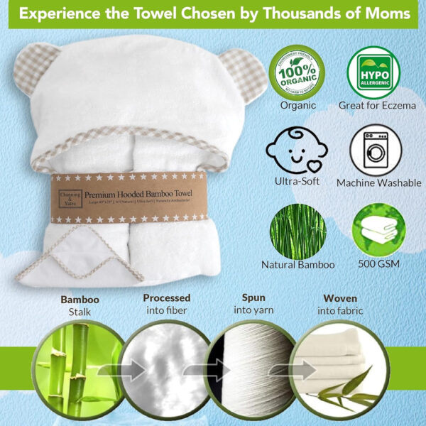 688af10b00246d9fc8a8dd51e90cec8567e0dab4a92f6c6e5ca73.jpg Channing & Yates Premium Organic Baby Towel Set - Soft Viscose Bamboo Hooded Towel & Washcloth - Girl & Boy Bath Essentials (Beige/White)