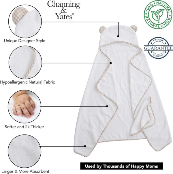 688af125358eaf0d5bd90d30df58f401d907b1d5b8ce513953baf.jpg Channing & Yates Premium Organic Baby Towel Set - Soft Viscose Bamboo Hooded Towel & Washcloth - Girl & Boy Bath Essentials (Beige/White)