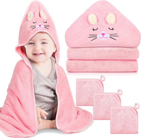 688af156d2ca80c964b5d83036c81641fcd0fcab25b91ab91960c.jpg 4 PCS Hooded Baby Towels, Absorbent Baby Bath Towel, Soft Baby Towels and 3 PCS Baby Washcloths for Newborns, Toddlers, and Kids, 32x32 in Baby Towel with Hood for Boy and Girl (Pink Kittens)