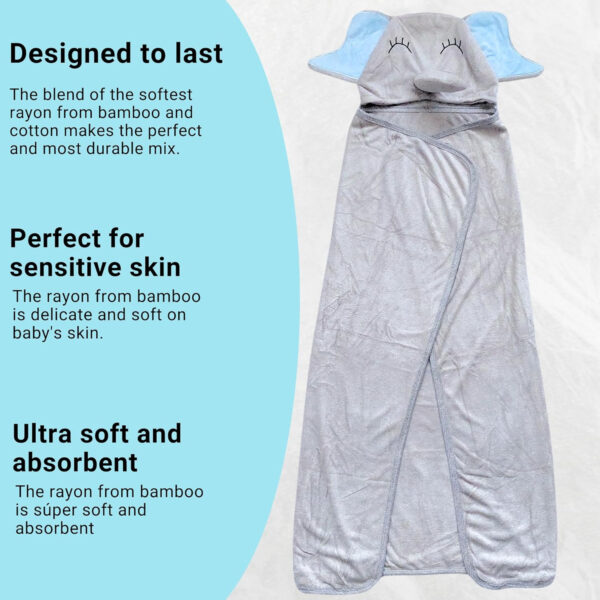 688af1843bf6b6ea185d1ee8eff63a8630ac20670e8664199224e.jpg Hooded Baby Towel - Ultra Soft & Absorbent Rayon derived from Bamboo - Cute Animal Design - Large 35.4 x 35.4 inches - Perfect for Newborns & Toddlers - Elephant