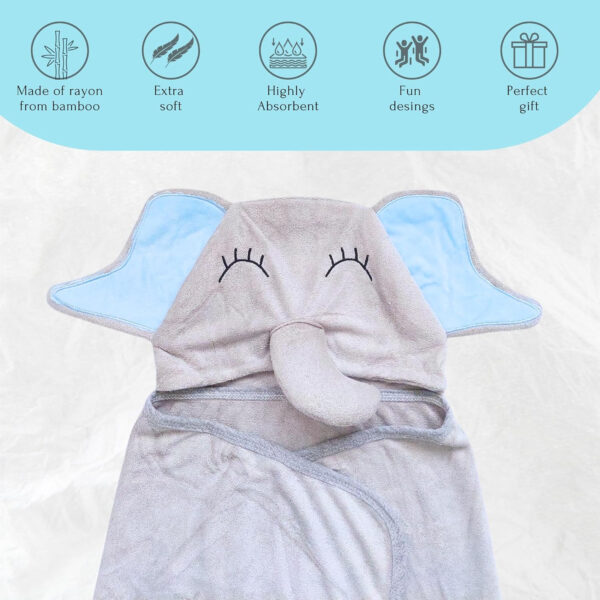 688af187e5dc5a644b78f346863ac471d868999cdce4653b98d70.jpg Hooded Baby Towel - Ultra Soft & Absorbent Rayon derived from Bamboo - Cute Animal Design - Large 35.4 x 35.4 inches - Perfect for Newborns & Toddlers - Elephant