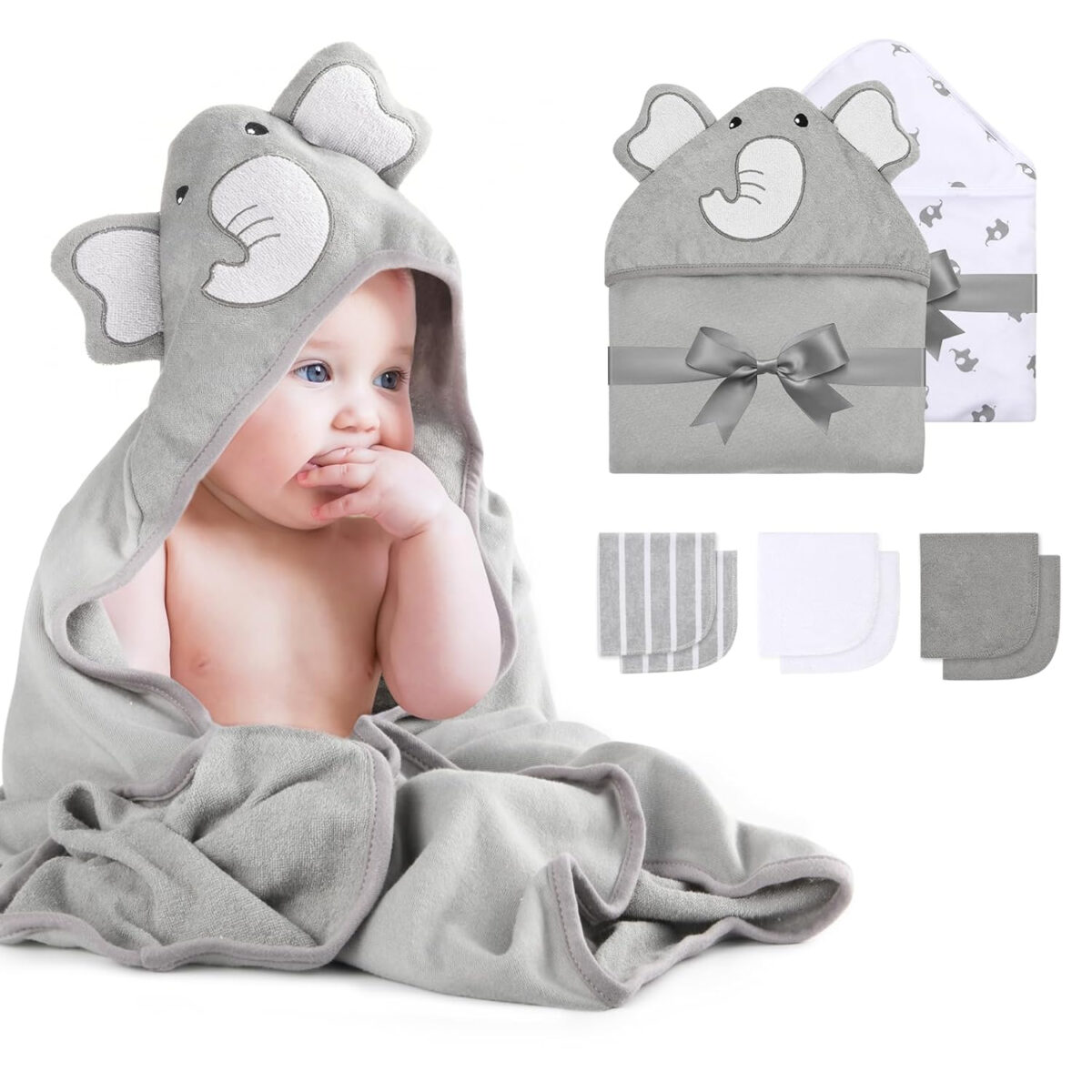 688af246a89598c1e31ee2db20fe8b8fdfa1d3136f542d4895726.jpg Momcozy Cute Elephant Hooded Baby Towel- 8 Piece Bath Essential, 2 x Towels and 6 x Wash Cloth Set- Perfect Shower Gift for Boys or Girls - Soft and Comfort for Newborn, Infant and Toddler