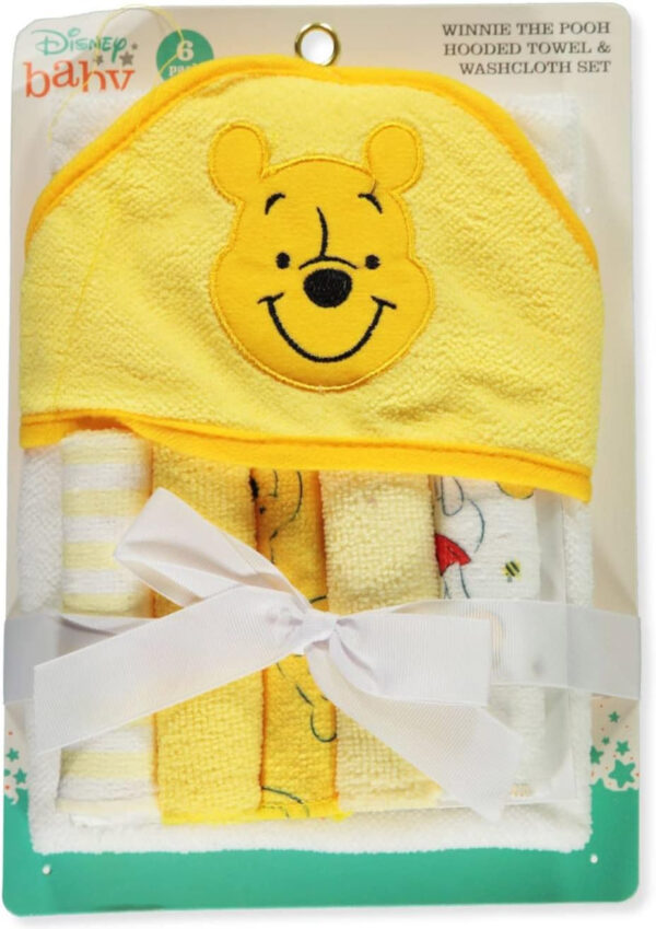 688af3f59697c191c638f2a3bdff905f94e9dc62fcbea6df747c9.jpg Cudlie Accessories Disney Baby Winnie The Pooh Hooded Towel with 5 Piece Washcloth Set, Honey Collector Print, GS71798, Yellow