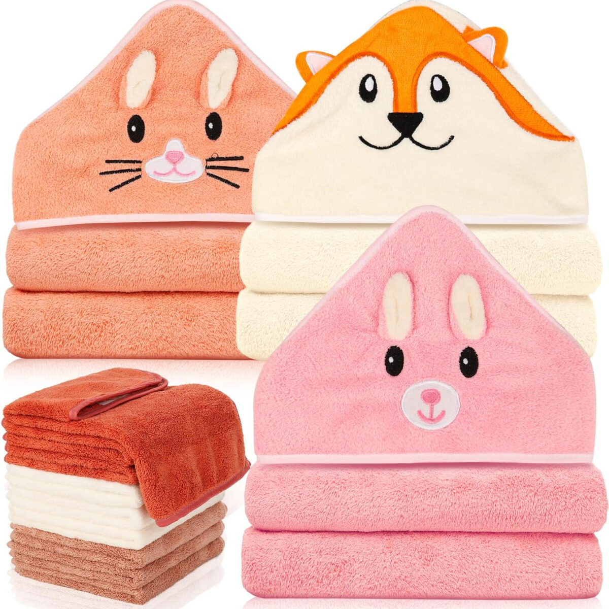 688af4ac13cb6e51839ce76480dd608f81c089601f3920961ecea.jpg 31x31 Inch Baby Hooded Towels, 12Pcs Bath Towels for Girls, Washcloth Set with Cute Design, Shower Towel Gift for Newborns, Infants and Toddlers