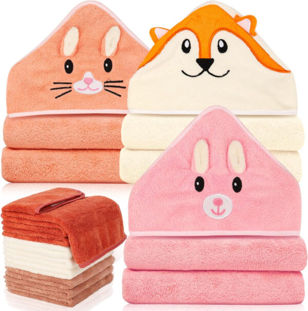 688af4ac13cb6e51839ce76480dd608f81c089601f3920961ecea.jpg 31x31 Inch Baby Hooded Towels, 12Pcs Bath Towels for Girls, Washcloth Set with Cute Design, Shower Towel Gift for Newborns, Infants and Toddlers