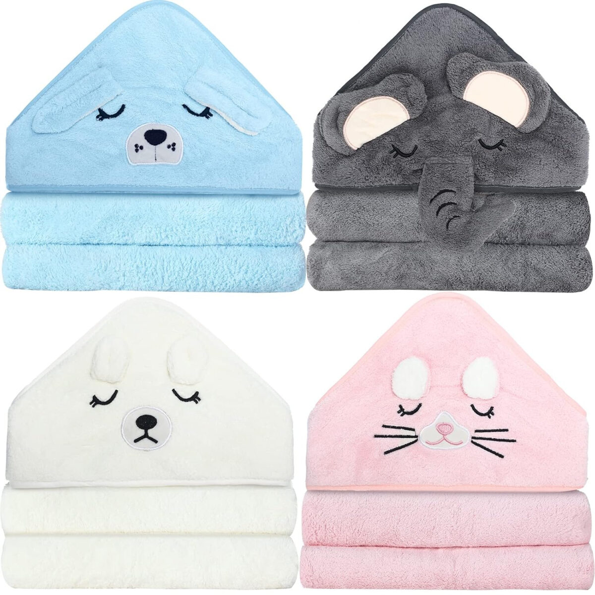 688af5669404a7546d331bf54ca038e6b3a3ccb87b66b8c1648e8.jpg Eccliy 4 Pack Baby Bath Towel Cute Animal Face Coral Fleece Baby Bath Towels Poncho Cape for Boy and Girl (Kitten, Puppy, Bear, Elephant)