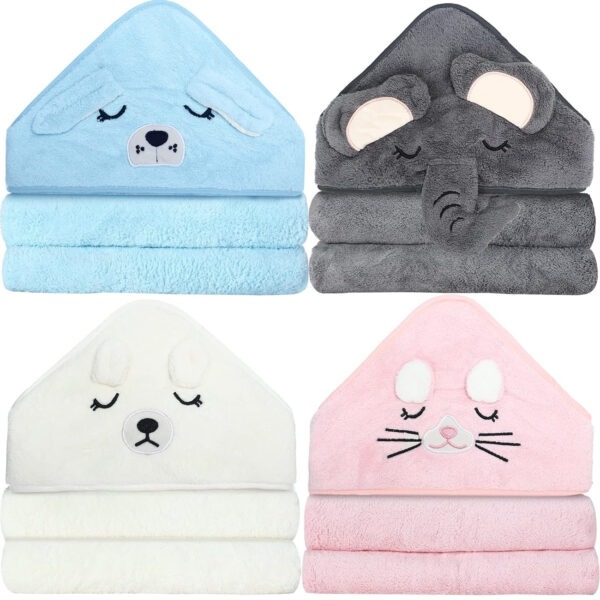 688af5669404a7546d331bf54ca038e6b3a3ccb87b66b8c1648e8.jpg Eccliy 4 Pack Baby Bath Towel Cute Animal Face Coral Fleece Baby Bath Towels Poncho Cape for Boy and Girl (Kitten, Puppy, Bear, Elephant)