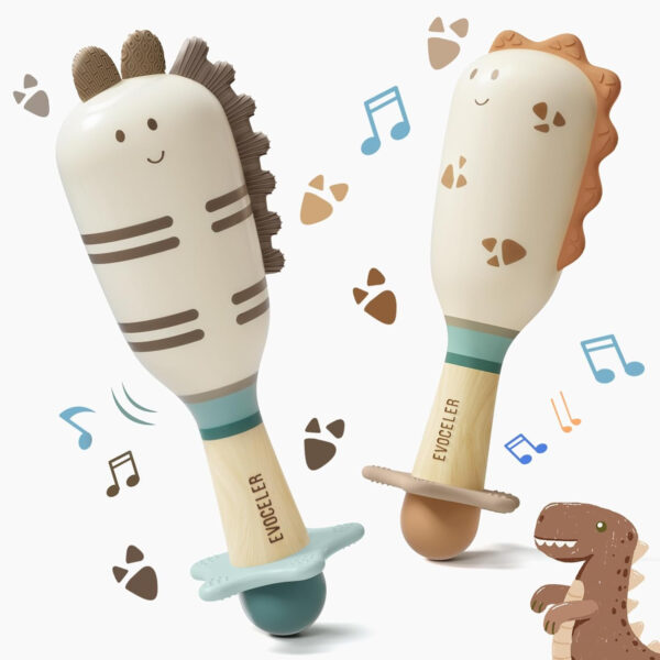 Evoceler Baby Toys, 2 Pac Dinosaur Rattles & Shaker Toys with Teether, Baby Maracas Sensory Toys for 0+M Babies, Soft Silicone BPA Free, Perfect Size for Grasp and Shake, Ideal Baby Boy Girl Toy Gift