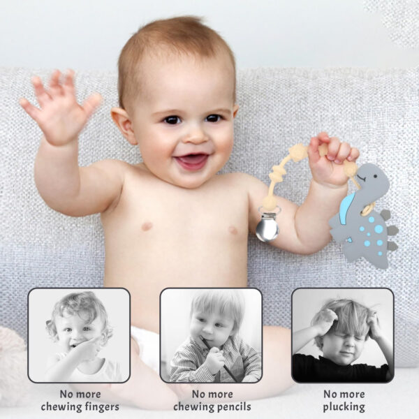 688b04a5d3b794f4046093b3b2597f2d26995a05b98cd2740d5ca.jpg Teething Toys for Babies 0-6 6-12 Months Baby Teethers with Clip Silicone Baby Teether Toys for Boys and Girls Infant Teething Relief for Teething Dinosaur Shape, Gray