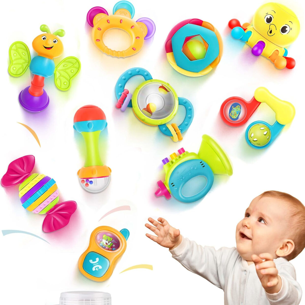 iPlay, iLearn 10pcs Baby Rattles Toys Set, Infant Grab Shake Rattle, Easy Hold Sensory Teether, Babies Development Learning Music Toy, Newborn Shower Birthday Gift 1 2 3 4 5 6 7 9 10 12 Month Boy Girl