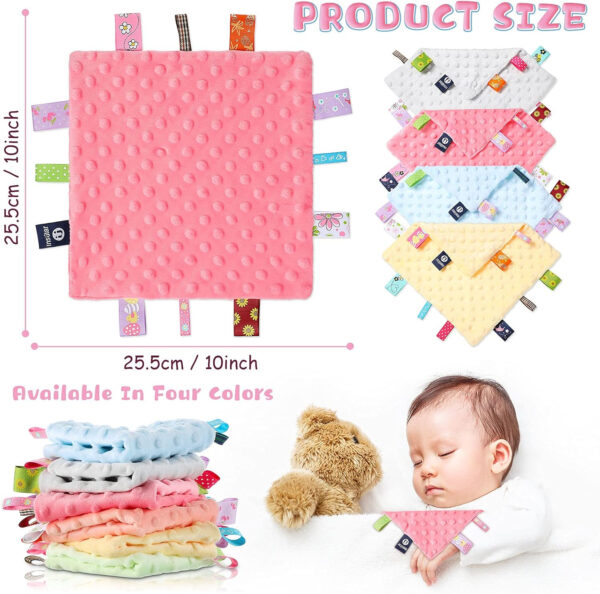 688b0bd260da1884cc0853f5adea1beac1b2931fd8d1f7ce25904.jpg WILLBOND 4 Pieces Baby Tag Security Blanket Plush Soft Soothing Sensory Comforter Animal Themed Nursery Bed Blanket for 0-12 Months Babies, 9.5 x 9.5 Inch(Grey, Pink, Blue, Yellow)