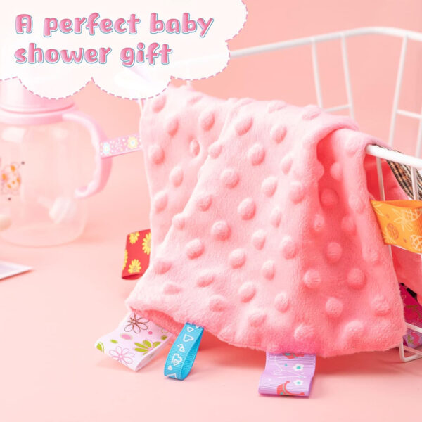 688b0bd7b72f309bf3682a9be605c7baefb3ee4f661e5a48aff24.jpg WILLBOND 4 Pieces Baby Tag Security Blanket Plush Soft Soothing Sensory Comforter Animal Themed Nursery Bed Blanket for 0-12 Months Babies, 9.5 x 9.5 Inch(Grey, Pink, Blue, Yellow)