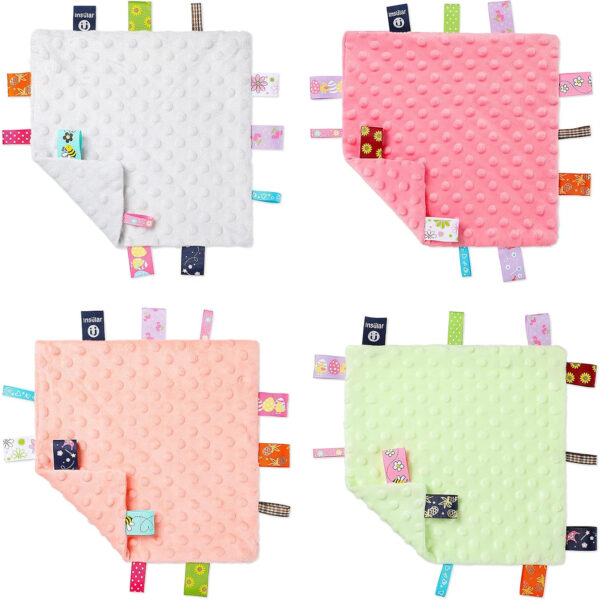 688b0bd90bb2518d616c76a28836e807db27686f0cac801585970.jpg WILLBOND 4 Pieces Baby Tag Security Blanket Plush Soft Soothing Sensory Comforter Animal Themed Nursery Bed Blanket for 0-12 Months Babies, 9.5 x 9.5 Inch(Grey, Pink, Blue, Yellow)