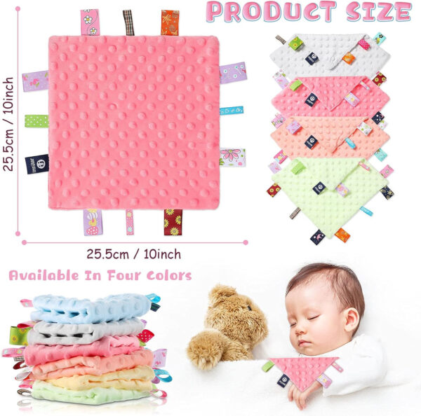 688b0bda58418e0e0b94a54f6d60517f8ab52f20d90d172dc3aa8.jpg WILLBOND 4 Pieces Baby Tag Security Blanket Plush Soft Soothing Sensory Comforter Animal Themed Nursery Bed Blanket for 0-12 Months Babies, 9.5 x 9.5 Inch(Grey, Pink, Blue, Yellow)