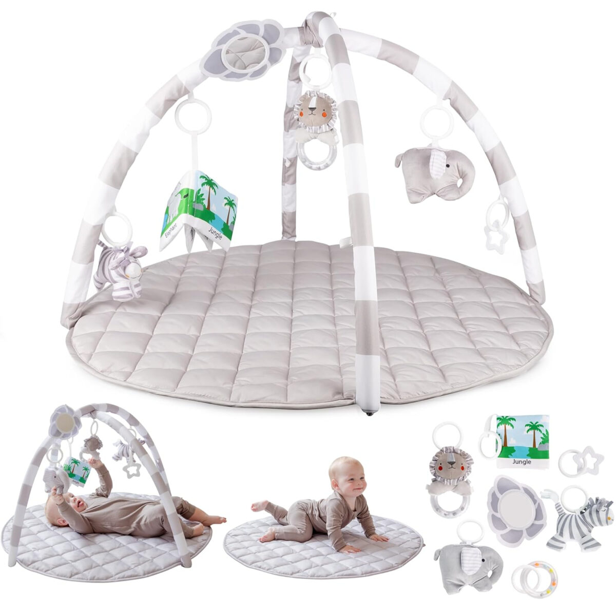 SnapPea Baby Company Baby Activity Mat. Gray Baby Play Mat, Tummy Time Mat with 6 Baby Toys. Non Slip, Soft Plush Baby Play Gym Mat. Portable Baby Gym, Infant Floor Playmat for Playroom, Nursery