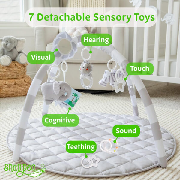 SnapPea Baby Company Baby Activity Mat. Gray Baby Play Mat, Tummy Time Mat with 6 Baby Toys. Non Slip, Soft Plush Baby Play Gym Mat. Portable Baby Gym, Infant Floor Playmat for Playroom, Nursery