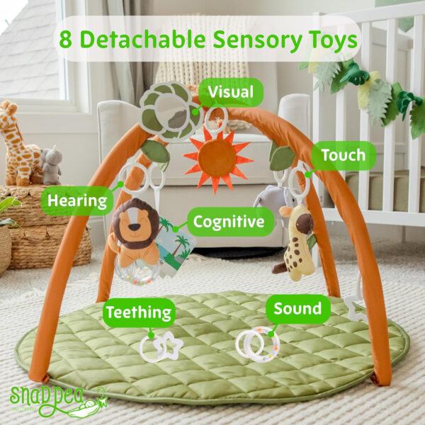 SnapPea Baby Company Baby Activity Mat. Gray Baby Play Mat, Tummy Time Mat with 6 Baby Toys. Non Slip, Soft Plush Baby Play Gym Mat. Portable Baby Gym, Infant Floor Playmat for Playroom, Nursery