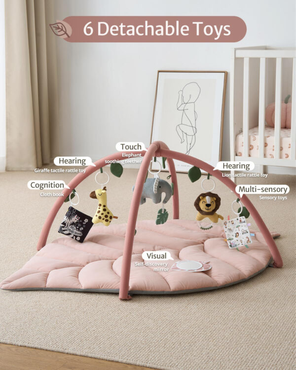 Blissful Diary Baby Play Gym & Activity Mat, Oversize Leaf Shaped Baby Play Mat w 6 Detachable Toys, Tummy Time Mat Promote Motor Skills & Sensory Development Mat, Newborn Infant Baby Essentials Gift
