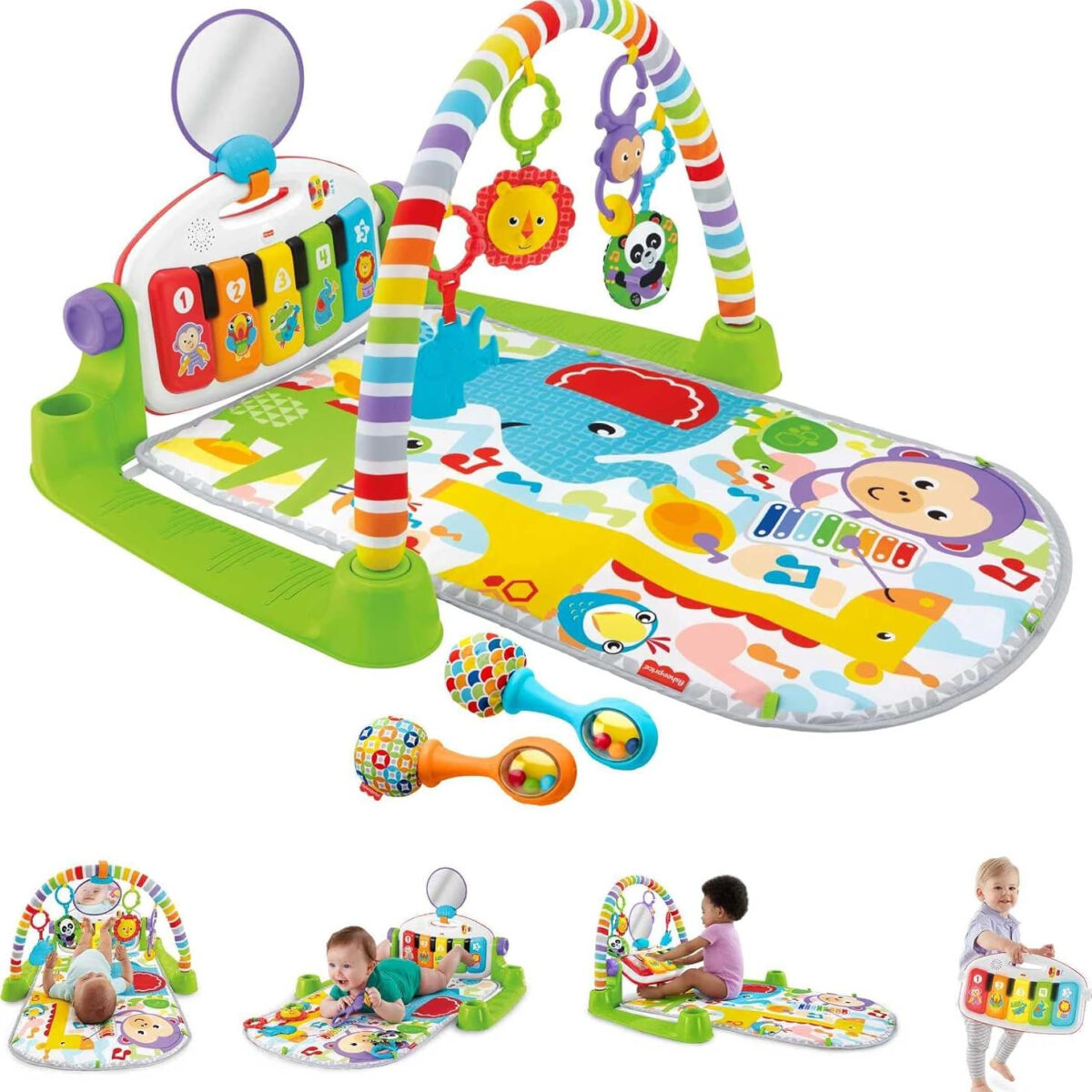 Fisher-Price Baby Playmat Deluxe Kick & Play Piano Gym for Learning & 2 Maracas Soft Rattles for Newborn to Toddler Play Ages 0+ Months