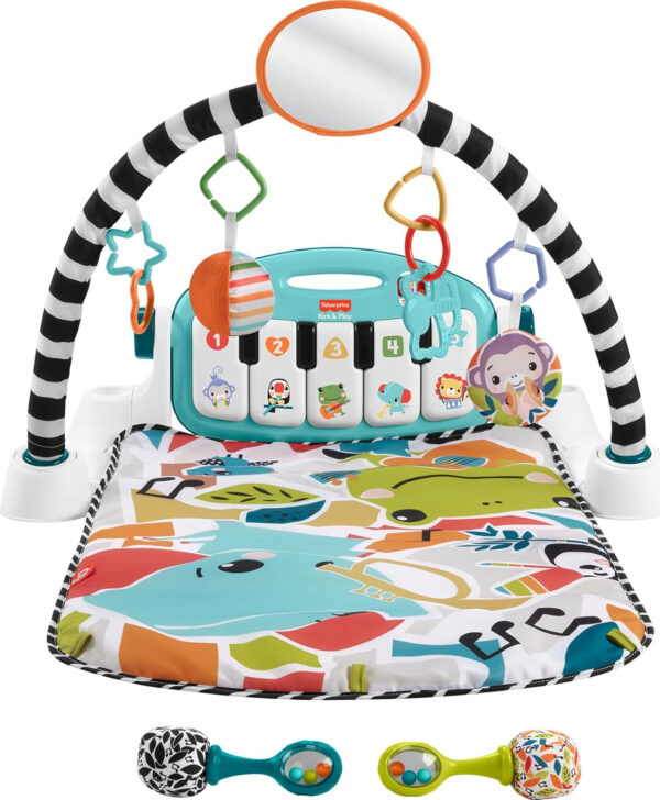 Fisher-Price Baby Playmat Deluxe Kick & Play Piano Gym for Learning & 2 Maracas Soft Rattles for Newborn to Toddler Play Ages 0+ Months