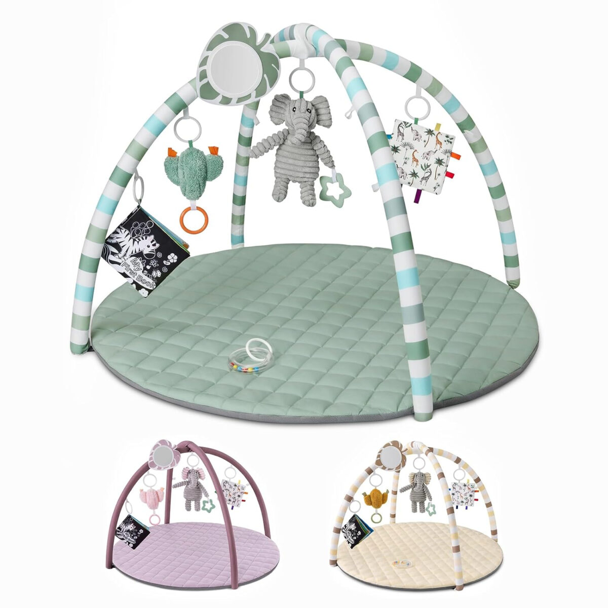 Blissful Diary Baby Play Gym Mat, Tummy Time Mat with 6 Detachable Toys for Stage-Based Sensory & Motor Skill Development, Baby Activity Mat Easy to Install & Clean, Baby Essentials Gift, Sage Green