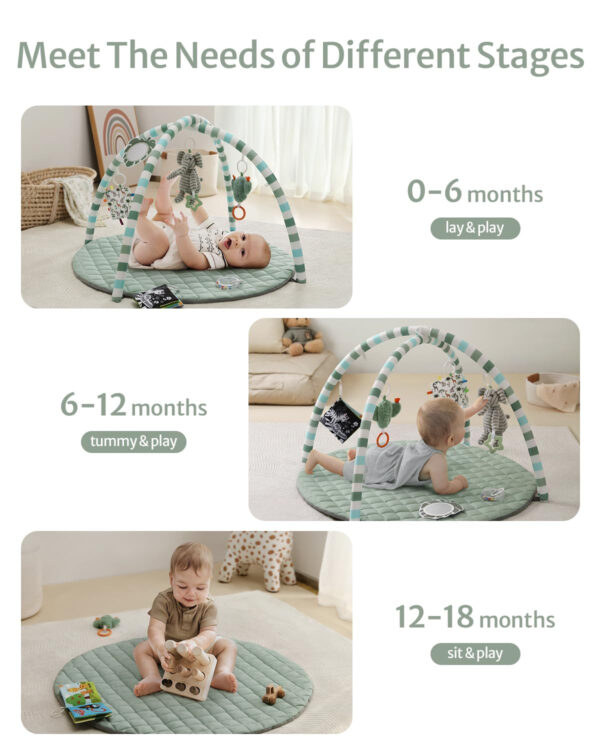 Blissful Diary Baby Play Gym Mat, Tummy Time Mat with 6 Detachable Toys for Stage-Based Sensory & Motor Skill Development, Baby Activity Mat Easy to Install & Clean, Baby Essentials Gift, Sage Green