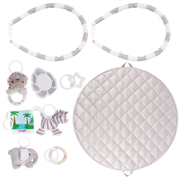 SnapPea Baby Company Baby Activity Mat. Gray Baby Play Mat, Tummy Time Mat with 6 Baby Toys. Non Slip, Soft Plush Baby Play Gym Mat. Portable Baby Gym, Infant Floor Playmat for Playroom, Nursery