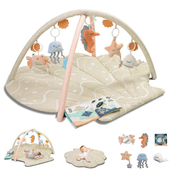 Baby Play Mat, Oversize Shell Tummy Time Mat with 6 Detachable Baby Activity Toys, Baby Gyms & Playmats for Babies 0-6 Months, Baby Mat for Floor Newborn Baby Shower Gifts (Beige)