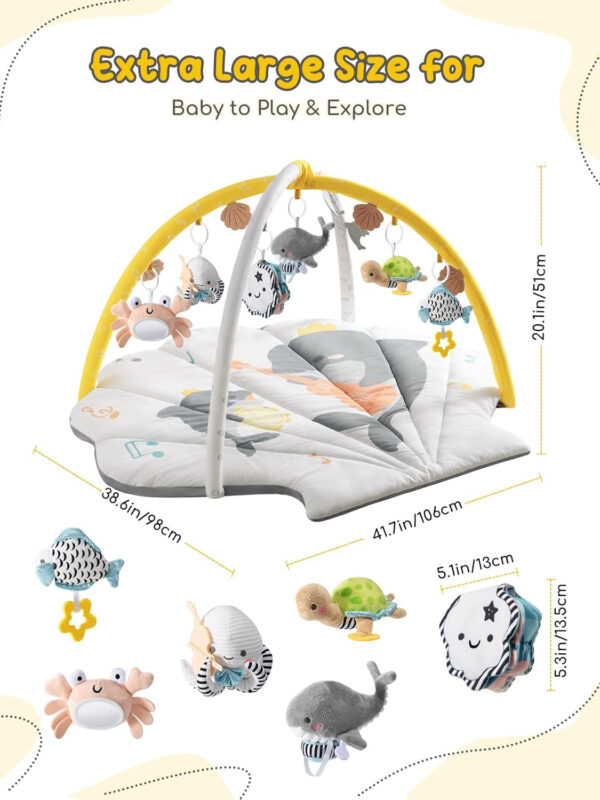 Baby Play Mat, Oversize Shell Tummy Time Mat with 6 Detachable Baby Activity Toys, Baby Gyms & Playmats for Babies 0-6 Months, Baby Mat for Floor Newborn Baby Shower Gifts (Beige)
