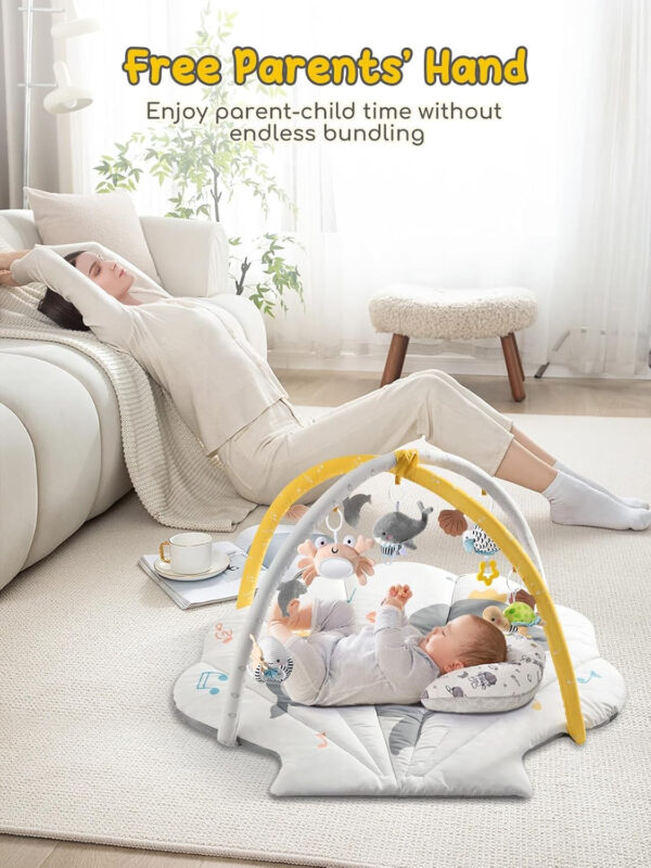 Baby Play Mat, Oversize Shell Tummy Time Mat with 6 Detachable Baby Activity Toys, Baby Gyms & Playmats for Babies 0-6 Months, Baby Mat for Floor Newborn Baby Shower Gifts (Beige)