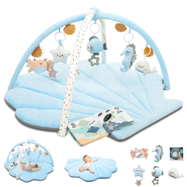 Baby Play Mat, Oversize Shell Tummy Time Mat with 6 Detachable Baby Activity Toys, Baby Gyms & Playmats for Babies 0-6 Months, Baby Mat for Floor Newborn Baby Shower Gifts (Beige)