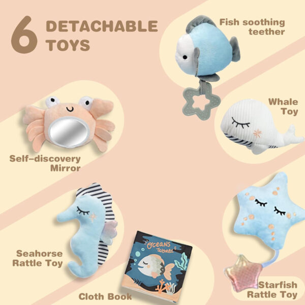 Baby Play Mat, Oversize Shell Tummy Time Mat with 6 Detachable Baby Activity Toys, Baby Gyms & Playmats for Babies 0-6 Months, Baby Mat for Floor Newborn Baby Shower Gifts (Beige)