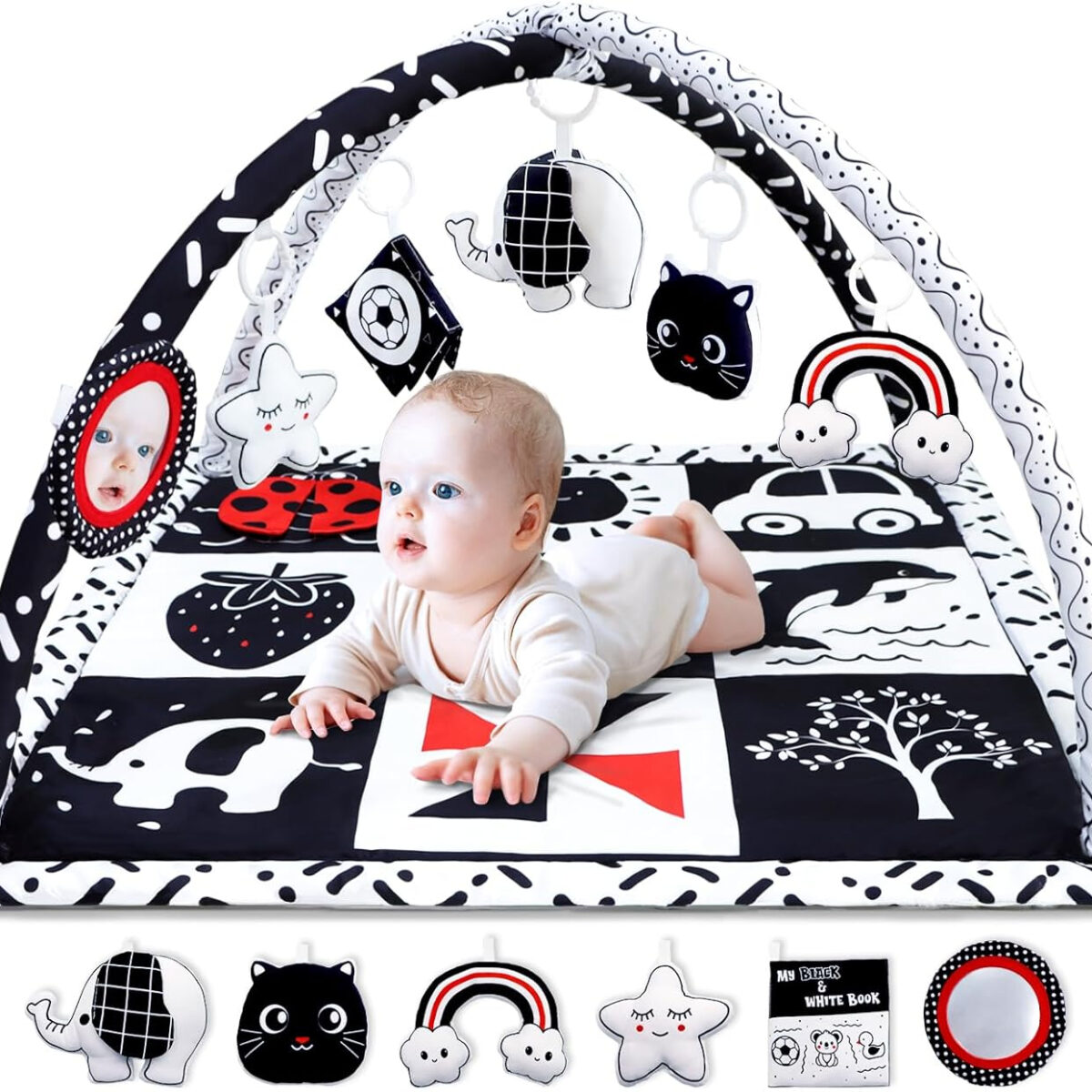 Black and White Baby Gym Play Mat with 6 Toys Tummy Time Activity Mat for Babies 0-6 6-12 Months High Contrast Baby Gyms & Playmats Sensory Toys Newborn Brain Development Infant Play Mat